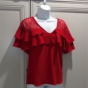 Candie's SS Red Lace Ruffle Trim V Neck Blouse Women's Size XS VGUC
